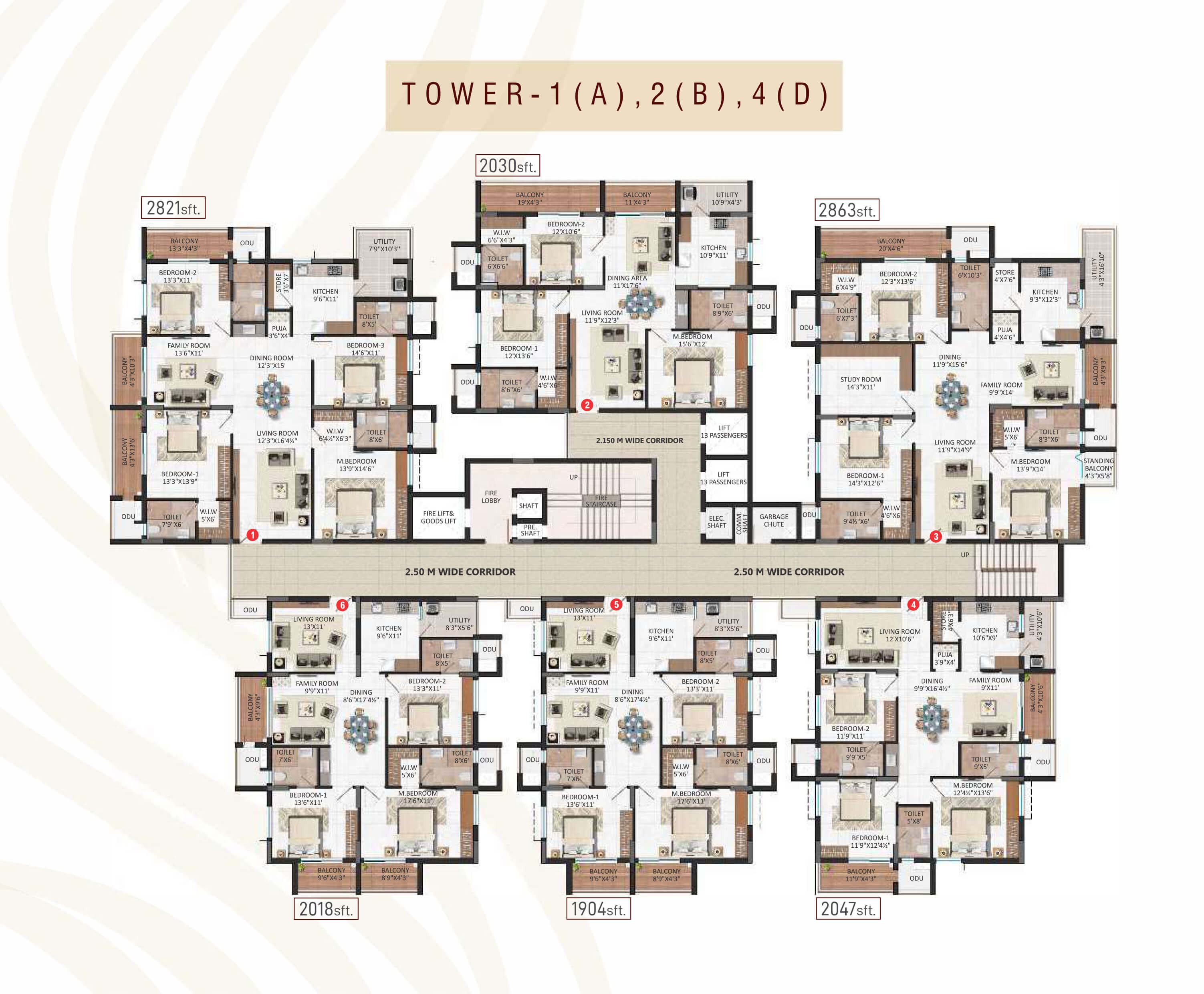 Typical floor layouts for Towers 1, 2 and 4