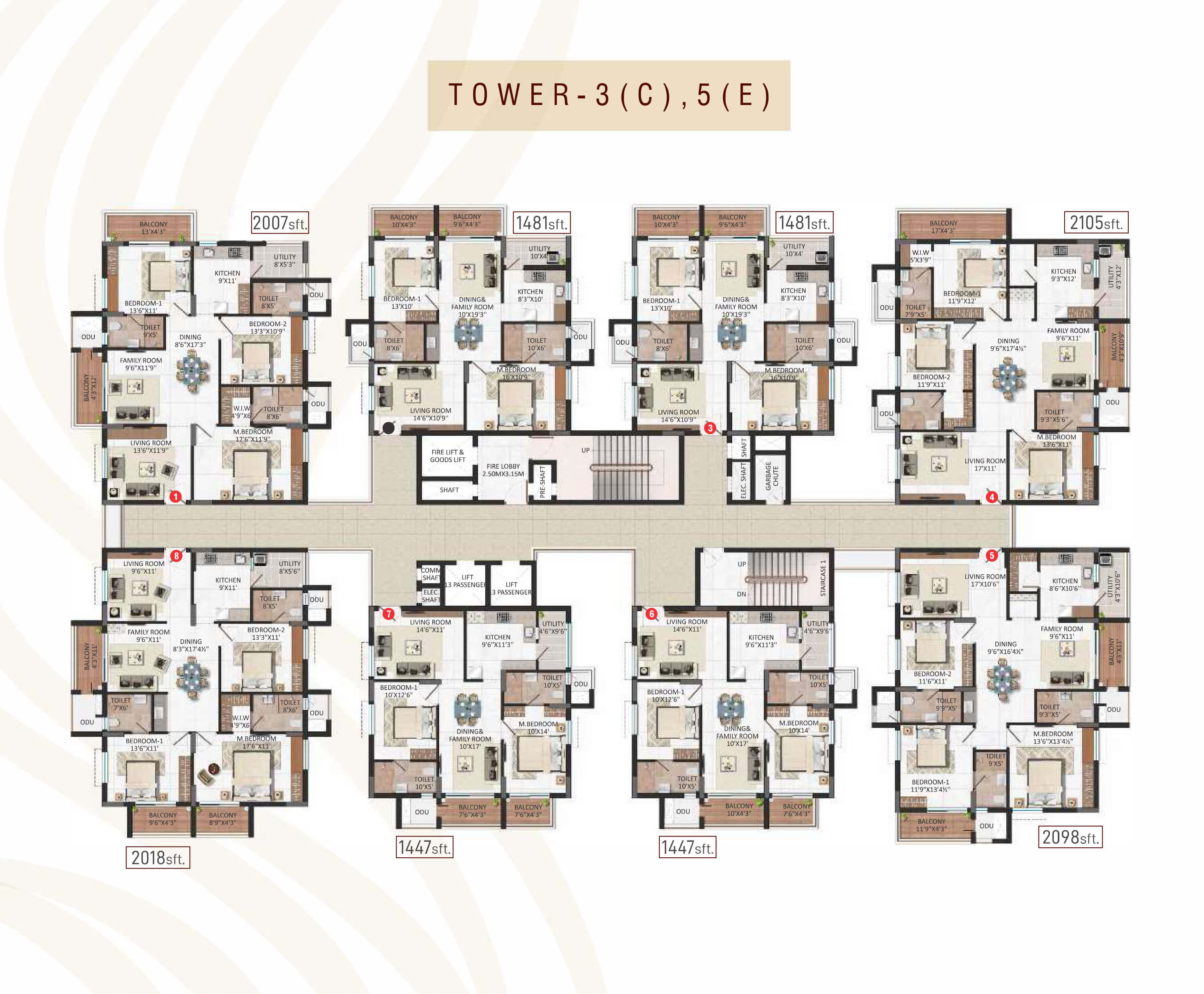 Typical floor layouts for Towers 3 and 5